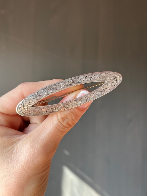 Antique American Sterling Silver Engraved Floral Scroll Pin Brooch