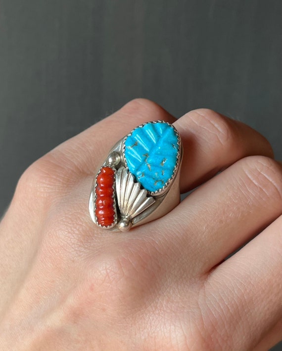 Early 1900's Vintage Zuni 'Kachina Dancer' Turquoise Coral Native American Jewelry Silver Ring Early 1900's Vintage Zuni 'Kachina Dancer' Turquoise Coral Native American Jewelry Silver Ring