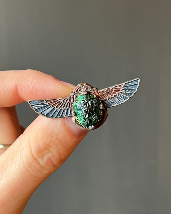 Antique Egyptian Revival 800 Silver Winged Scarab… - image 1