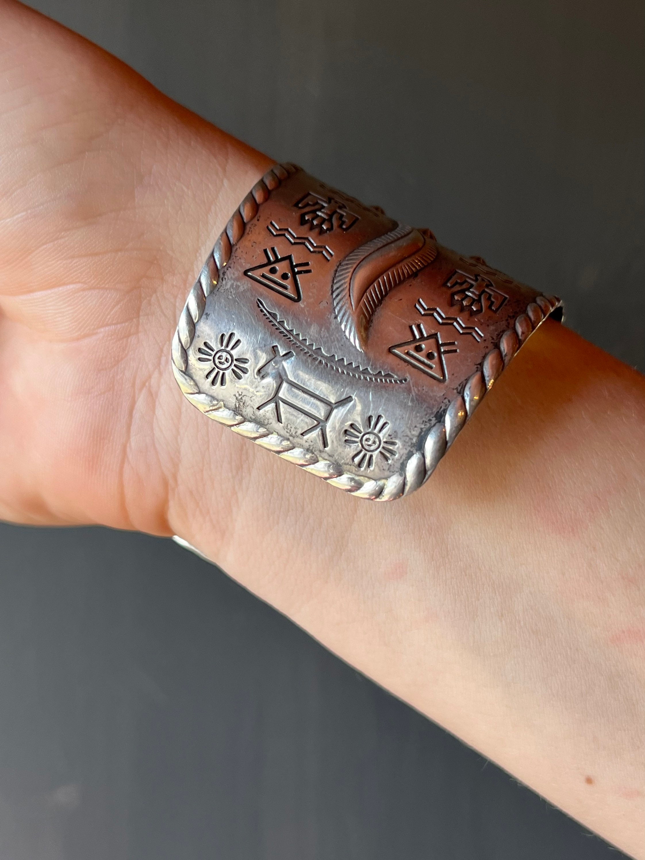 Bracelet Manchette Vintage Argent Sterling Et Or 14k - Artisanat Amérindien - Occasion