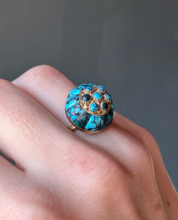 14k Gold Vintage Native American Zuni Turquoise Inlay Ring Size 7.5 14k Gold Vintage Native American Zuni Turquoise Inlay Ring Size 7.5