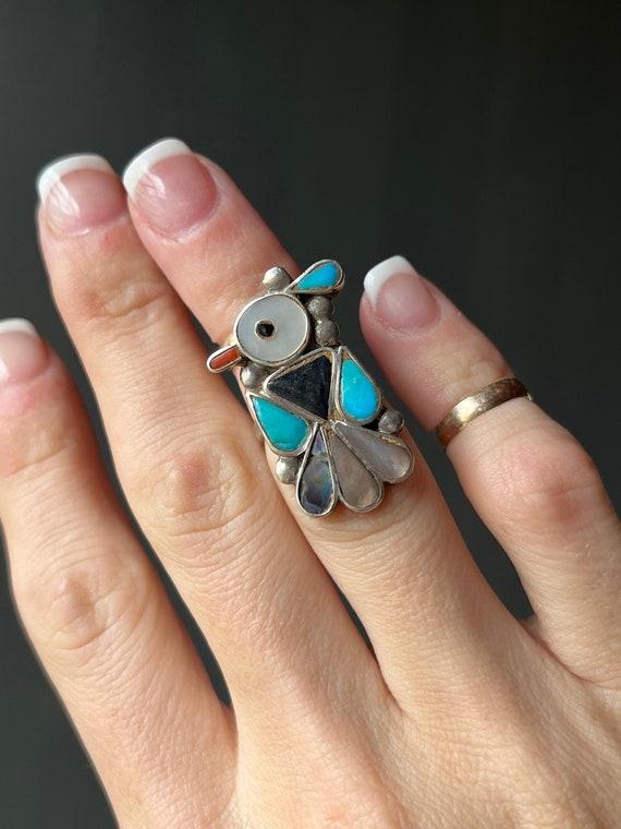 Fantastic Vintage Native American Navajo Turquoise Coral Inlay Sterling Silver Waterbird Ring Fantastic Vintage Native American Navajo Turquoise Coral Inlay Sterling Silver Waterbird Ring