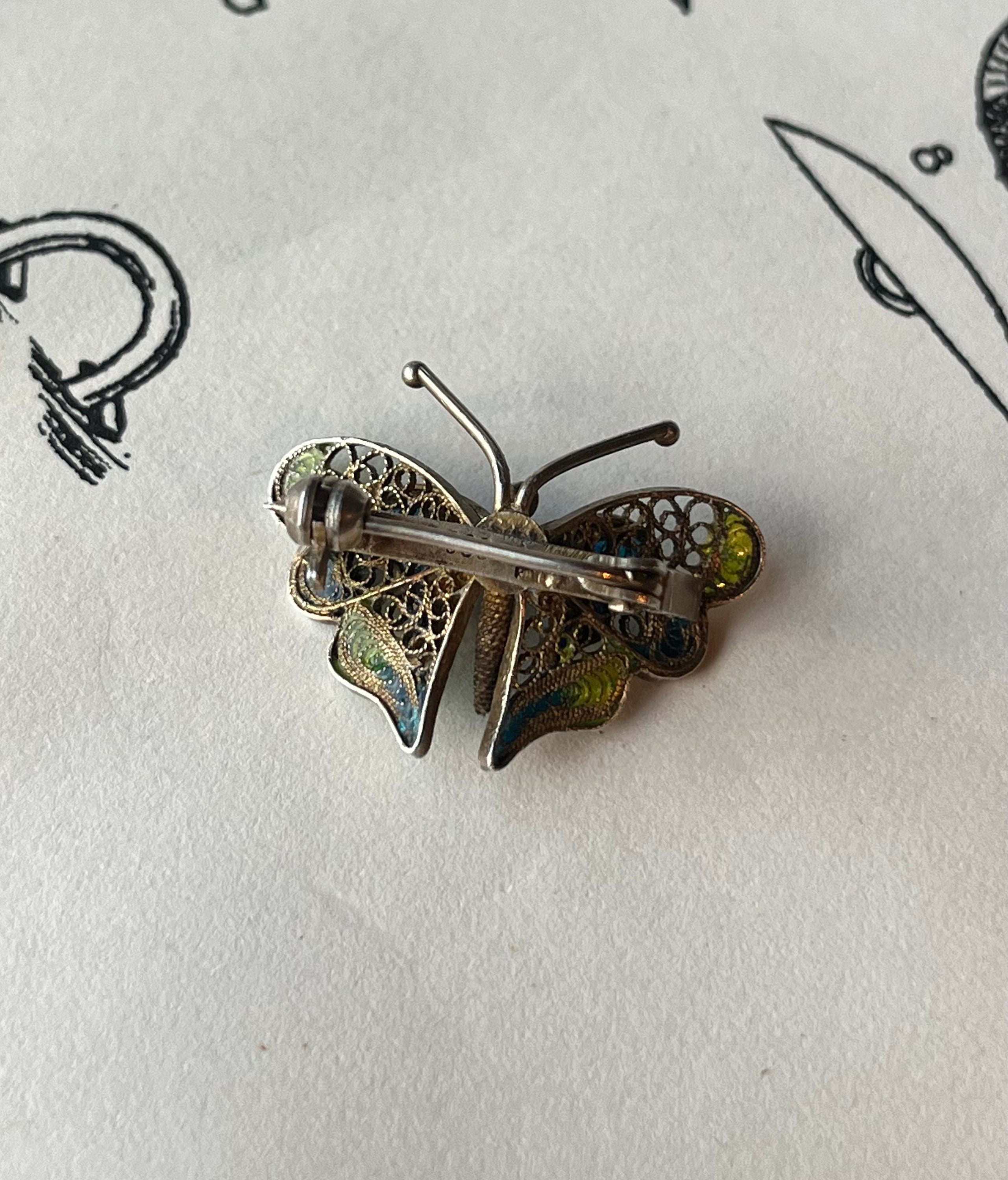 Broche papillon vintage en filigrane d'argent 800 et émaillé bleu et vert vintage - Canada