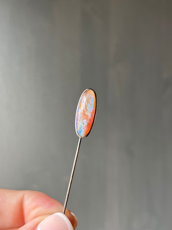 Antique Art Nouveau Dragon's Breath Foiled Glass & Sterling Silver Stick Pin