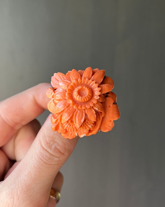 Antique Silver Hand Carved Natural Mediterranean Coral Flower Pin Brooch