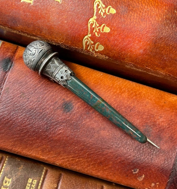 Antique Scottish 800 Silver & Bloodstone Pin Broo… - image 1