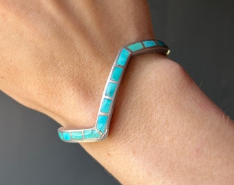 VINTAGE ZUNI Indian Silver Channel Inlay Turquoise & Onyx