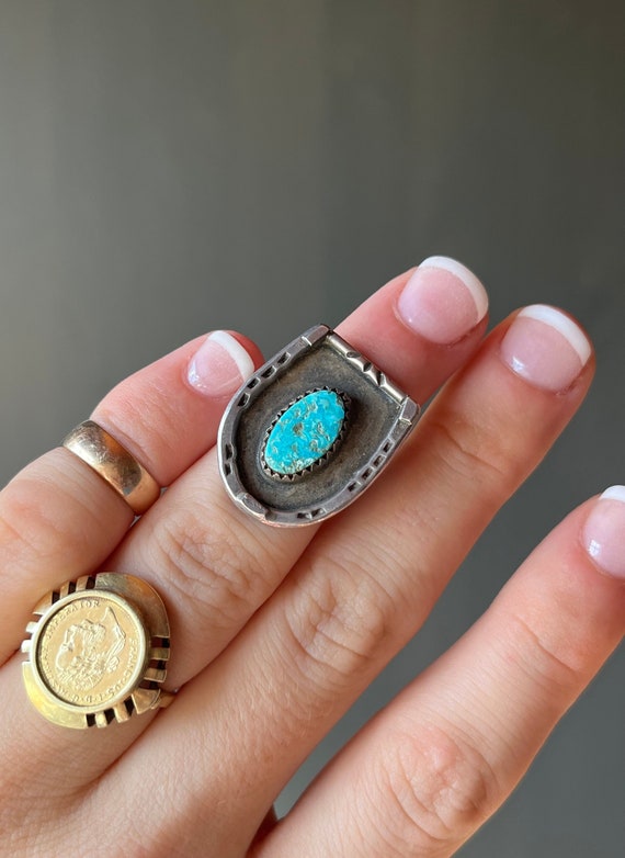 Rare Vintage Native American Navajo Cerrillos Turquoise Sterling Silver Horseshoe Ring Old Rare Vintage Native American Navajo Cerrillos Turquoise Sterling Silver Horseshoe Ring Old