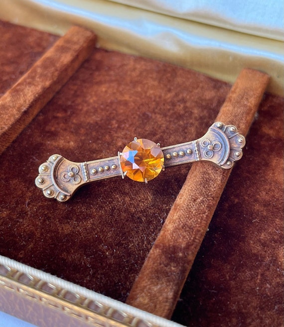 Antique Victorian 14K Gold & Citrine Bar Pin Brooc