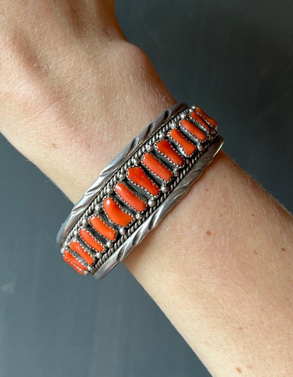 A+ Long Coral Vintage Native American Navajo Sterling Silver Bracelet A+ Long Coral Vintage Native American Navajo Sterling Silver Bracelet