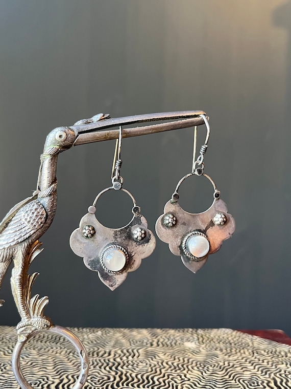 Vintage Sterling Silver & Moonstone Dangle Fan Earrings