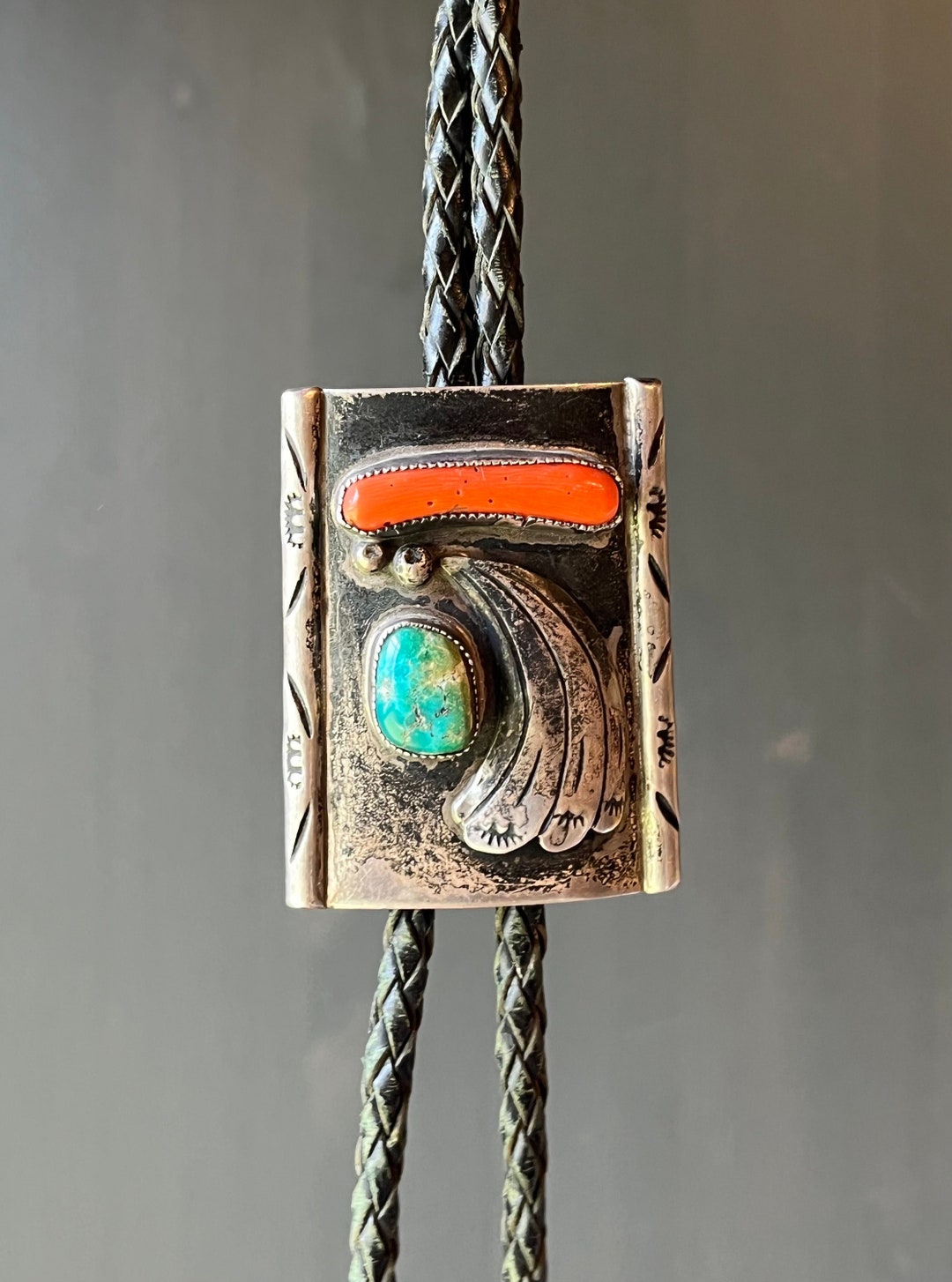 Vintage Native American Navajo Sterling Silver Turquoise & Coral Bolo ...