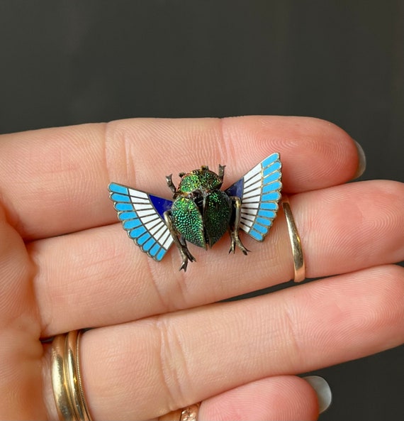 Antique Egyptian Revival 800 Silver Enamel Winged… - image 2