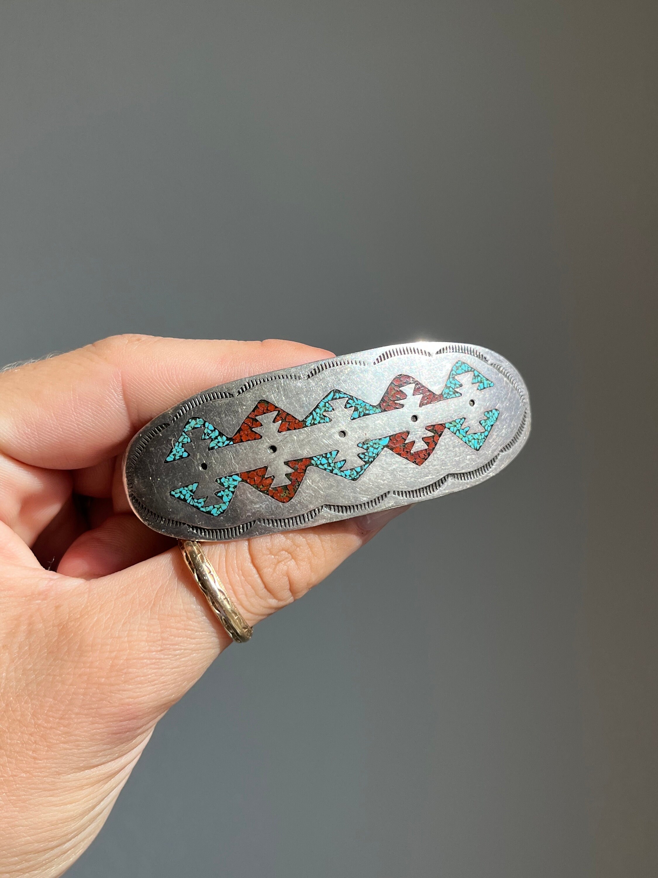Navajo Hair Barrette Turquoise 4in Large Handmade Stamped Sterling Ornament Clip Navajo Real Turquoise 925 SOLID SILVER Hand Stamped 12mm  main image 3