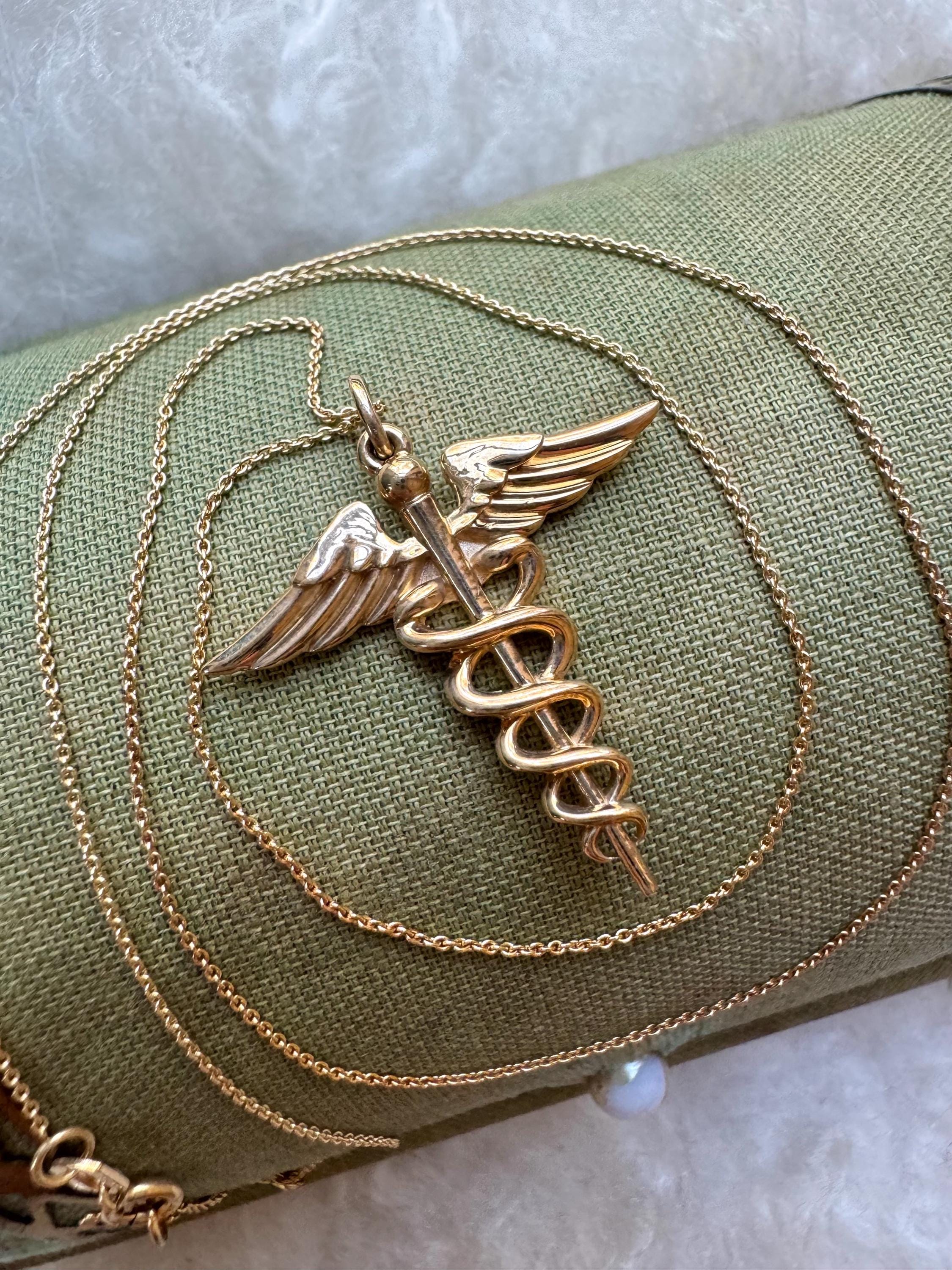 Modern 14K Gold Caduceus Medical Symbol Pendant Necklace - Etsy