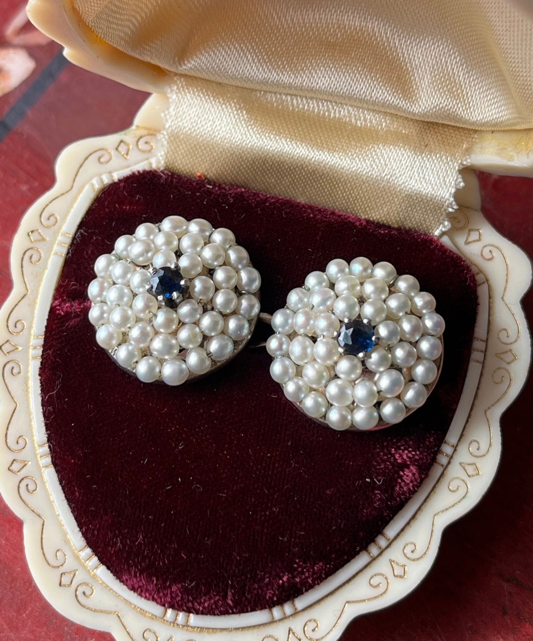 Antique Victorian 14K Gold Pearl & Blue Sapphire Screw Back