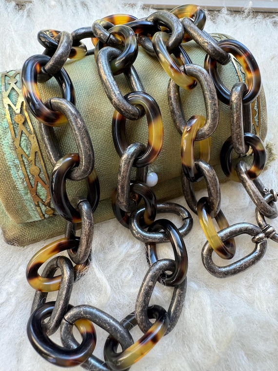 Vintage Ralph Lauren Silver Tone & Faux Tortoise Shell Link Chain