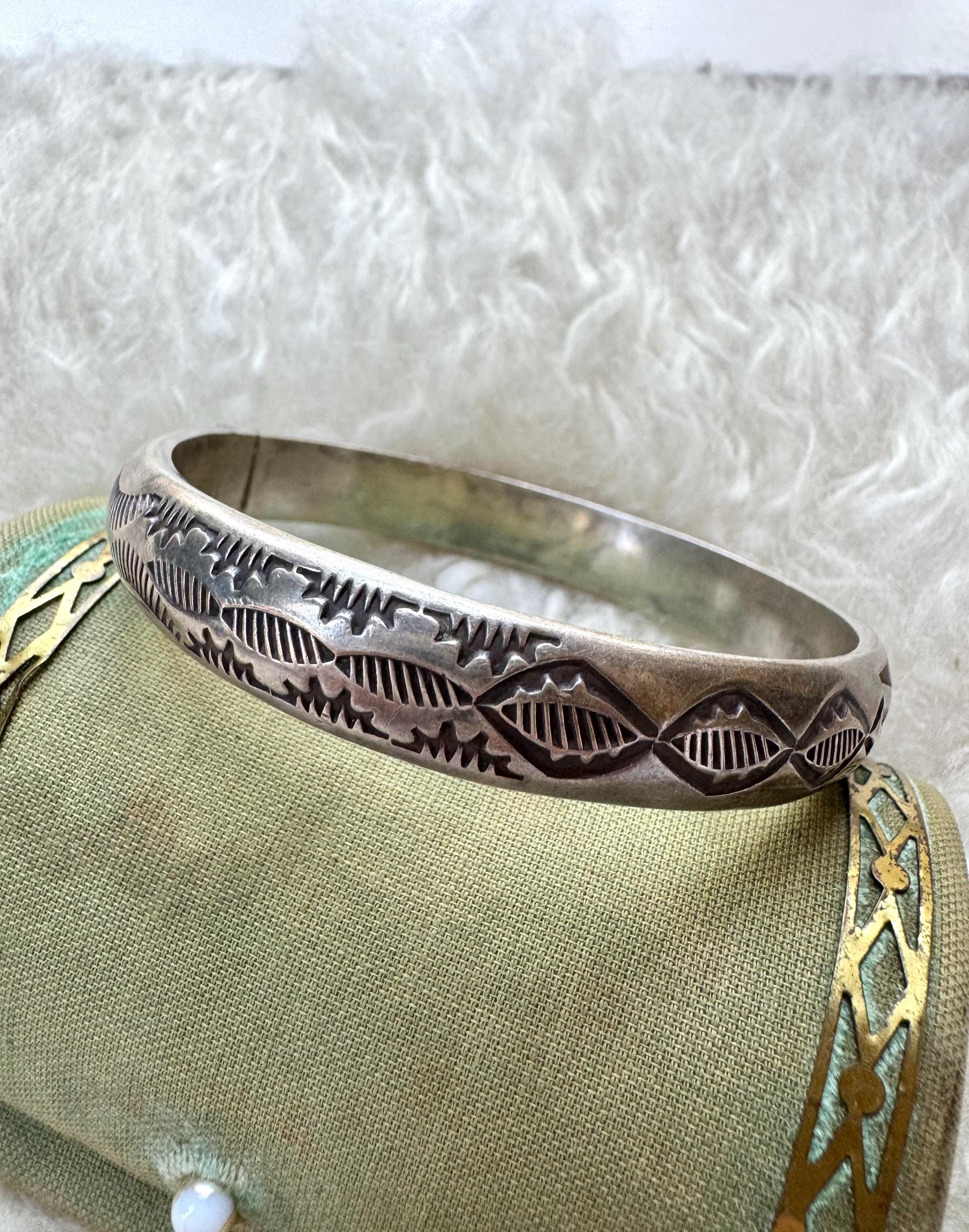 Vintage Native American Tahe Sterling Silver Stamped Bangle Bracelet