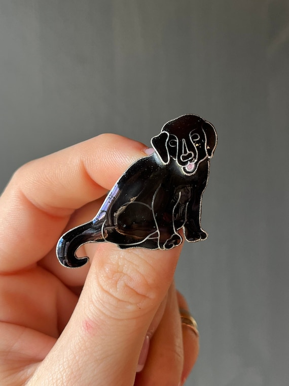Vintage Black Lab Dog Enamel Sterling Silver Pin B
