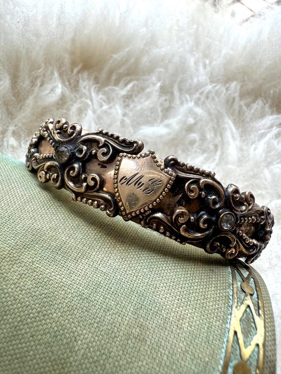 Antique Victorian Gold Filled Hinged Monogram Initial MJ Bangle