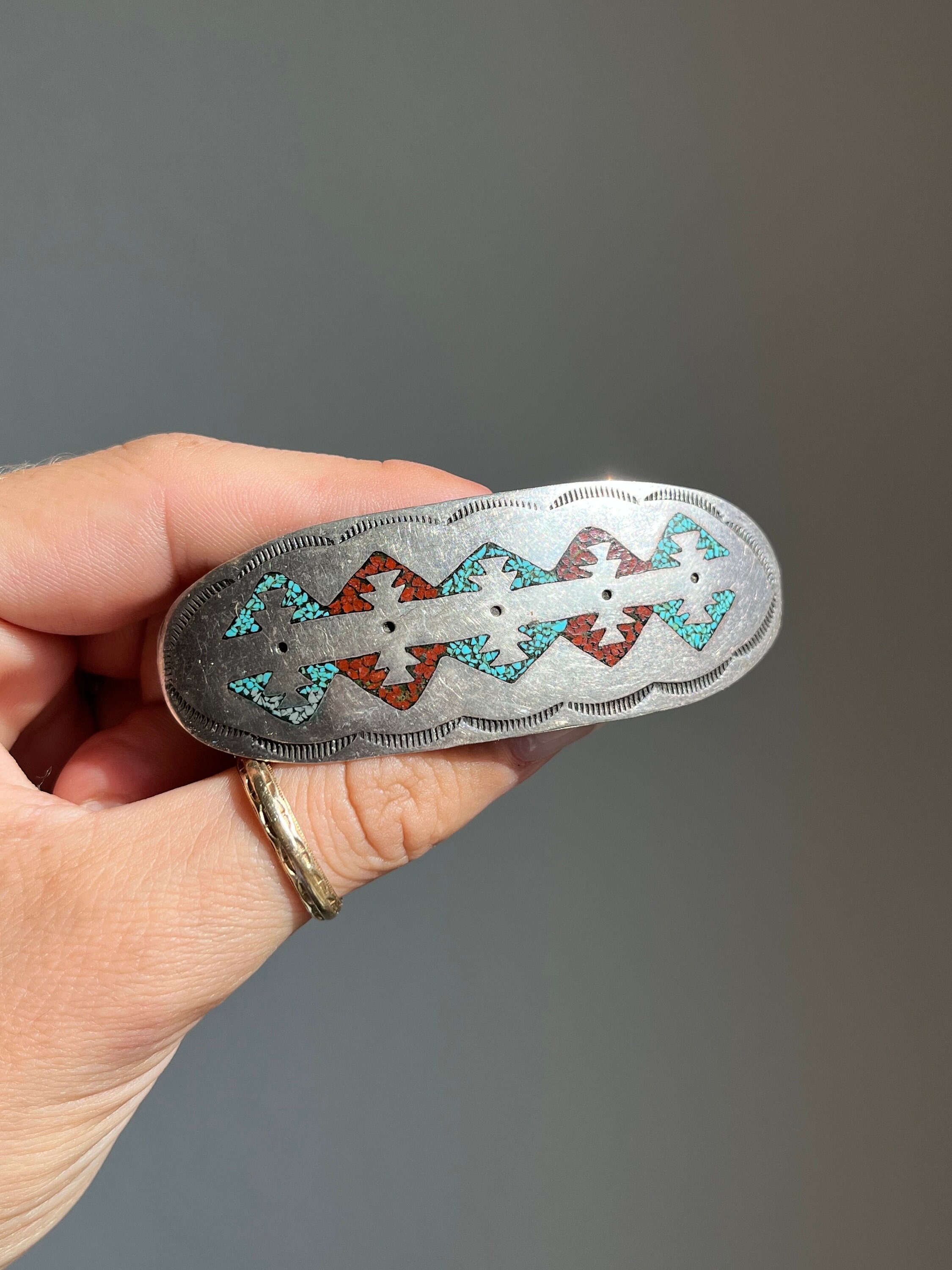 Vintage Native American Navajo Barrette - Sterling Silver with Turquoise & Coral Item #1000R- Navajo 4 main image 3