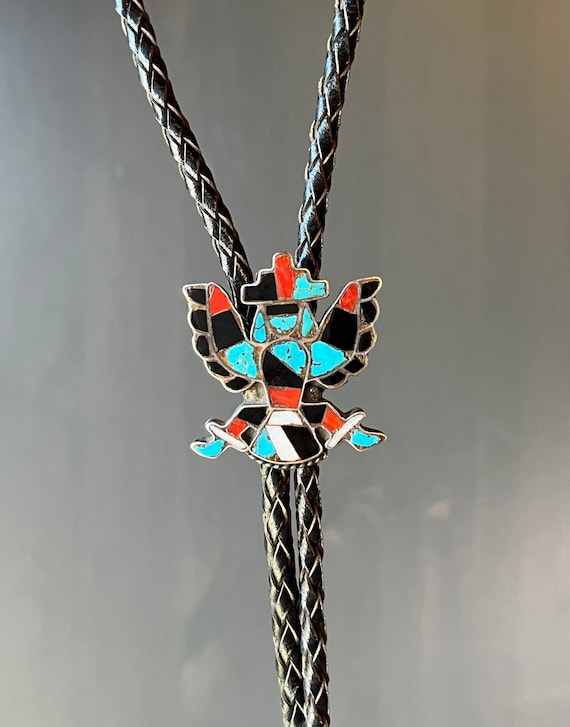 Amazing Vintage Native American Zuni Signed Inlay Coral Sterling Silver Textured Eagle Bolo Amazing Vintage Native American Zuni Signed Inlay Coral Sterling Silver Textured Eagle Bolo