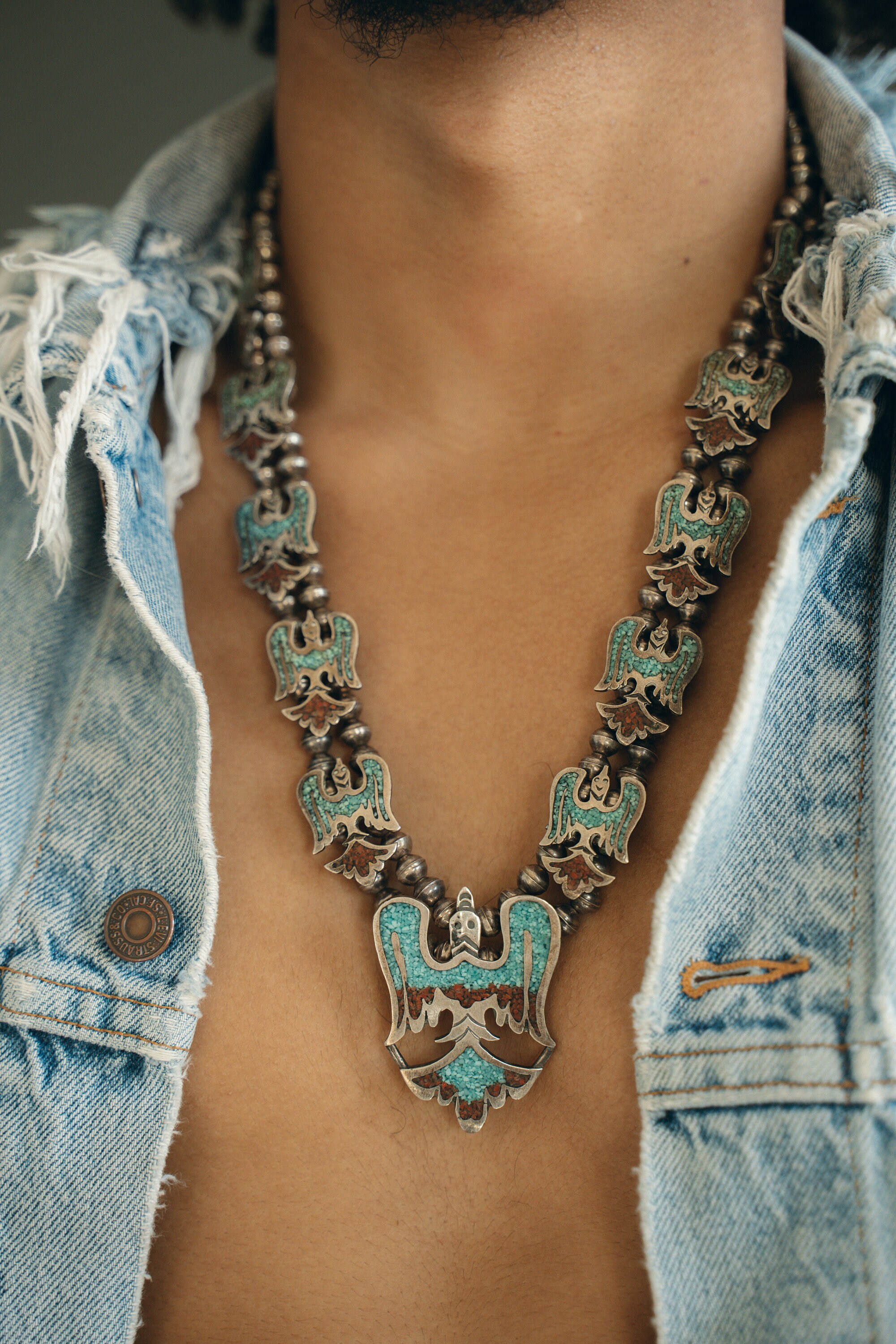 Vintage Native American Sterling Silver Turquoise & Coral Chip