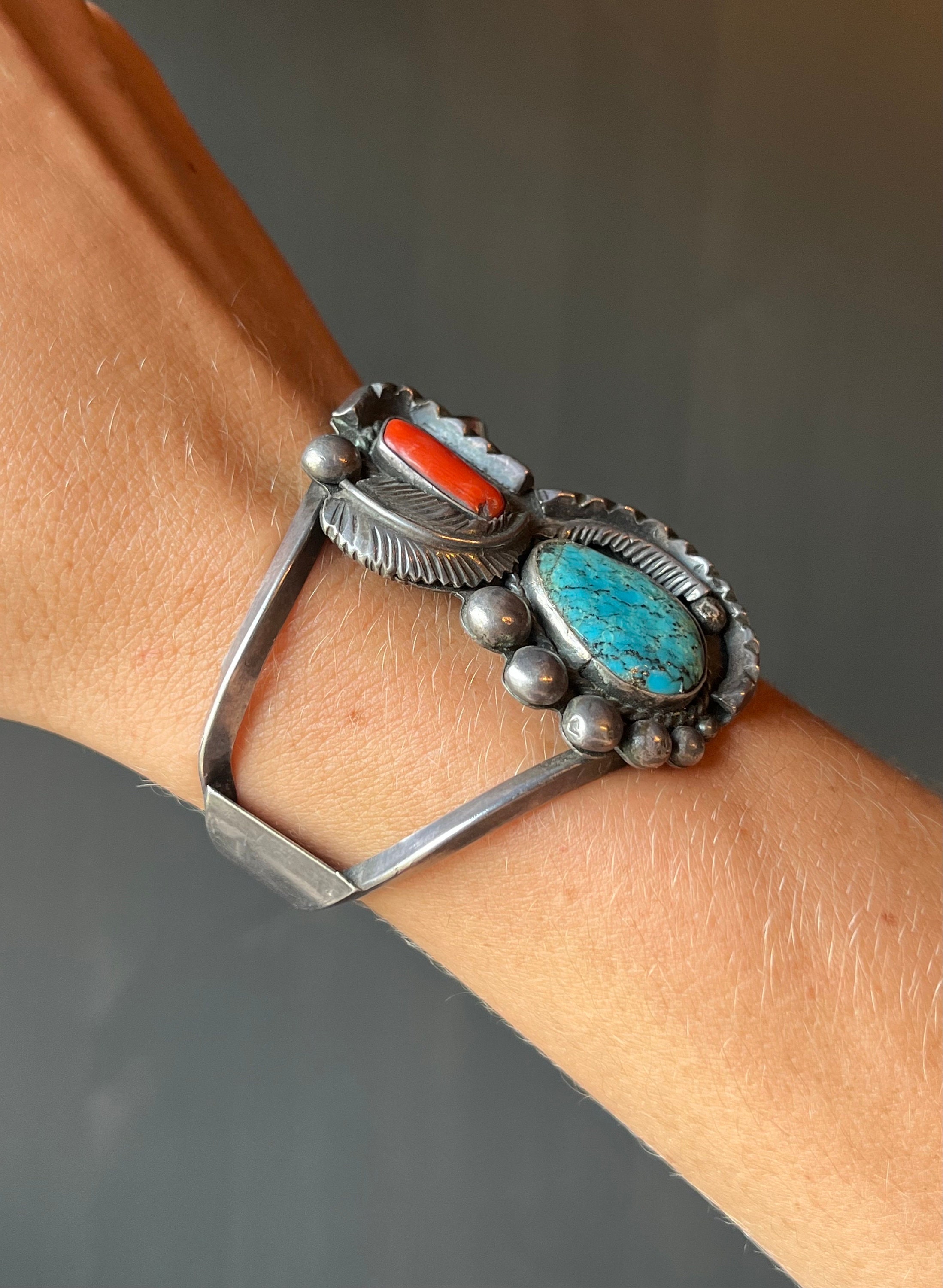Vintage Native American Navajo Sterling Silver Turquoise & Coral Cuff ...