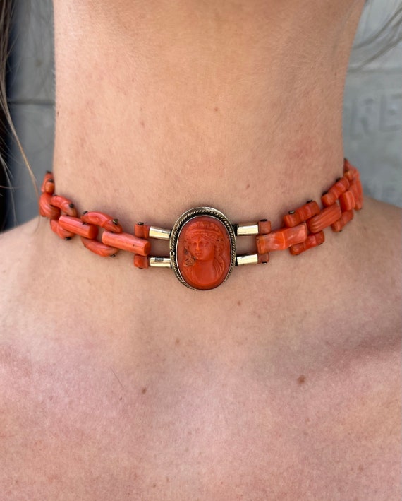 Antique Victorian 14K Gold & Carved Mediterranean Coral Cameo Choker Necklace