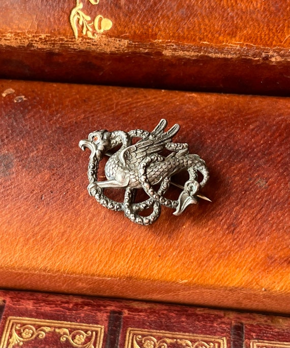 Antique Victorian Sterling Silver Dragon Pin Broo… - image 4