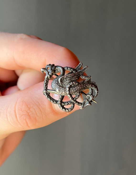 Antique Victorian Sterling Silver Dragon Pin Broo… - image 1