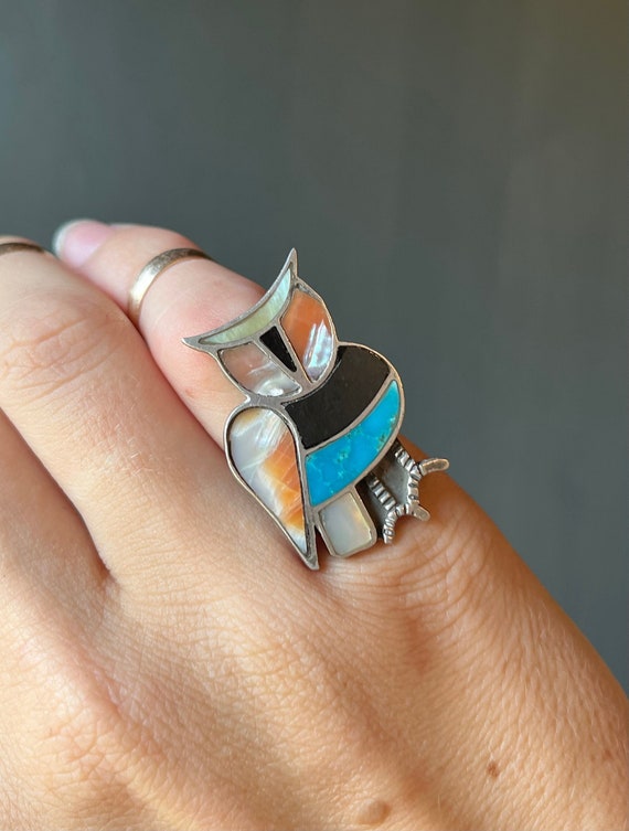Adorable Vintage Native American Zuni Turquoise Inlay Sterling Silver Owl Ring Adorable Vintage Native American Zuni Turquoise Inlay Sterling Silver Owl Ring