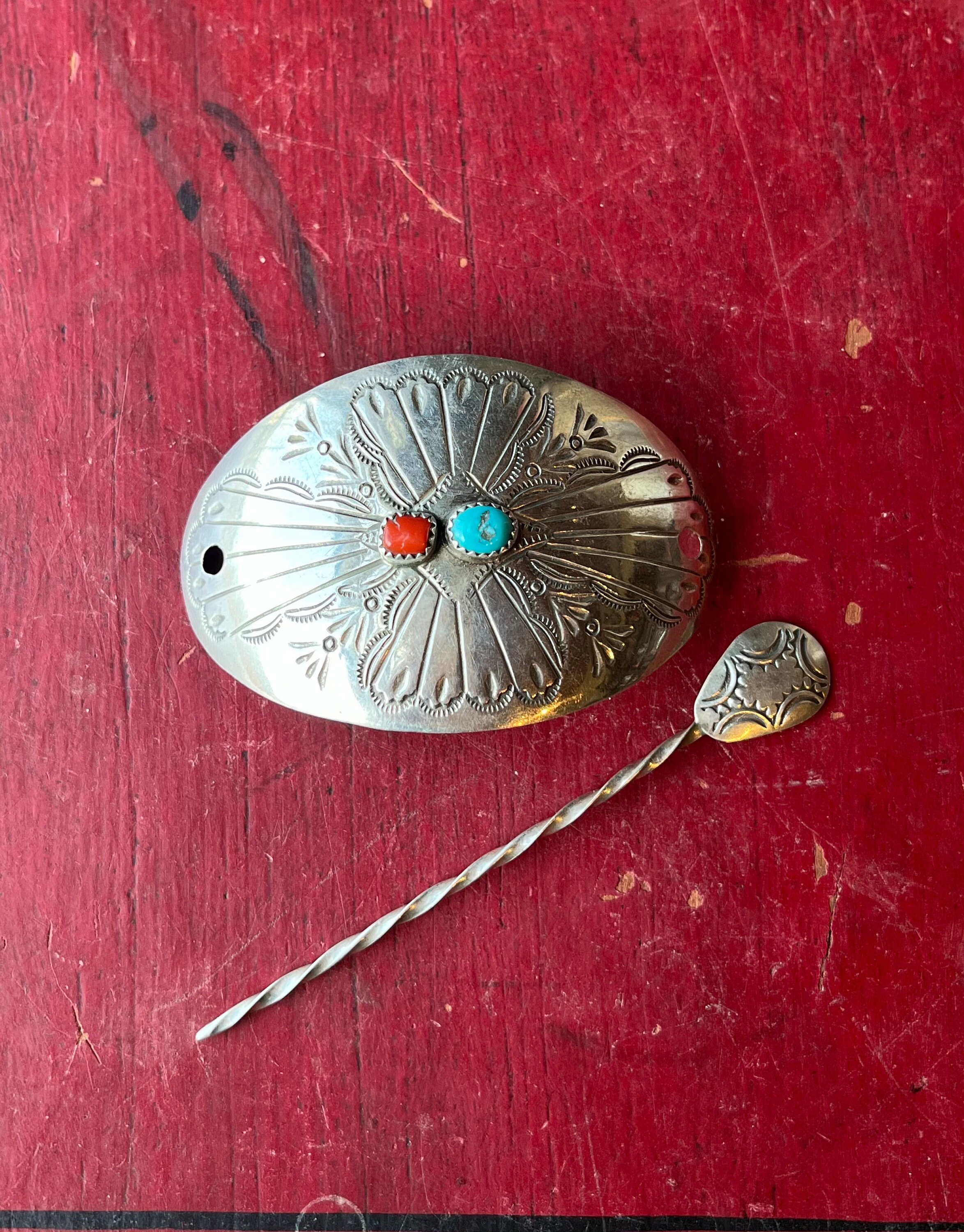 SET Stamped Sterling NAVAJO Red Coral Hair Pin 3\