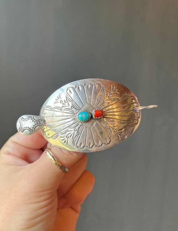 Elegant Native American Navajo Coral Sterling Silver Barette Elegant Native American Navajo Coral Sterling Silver Barette