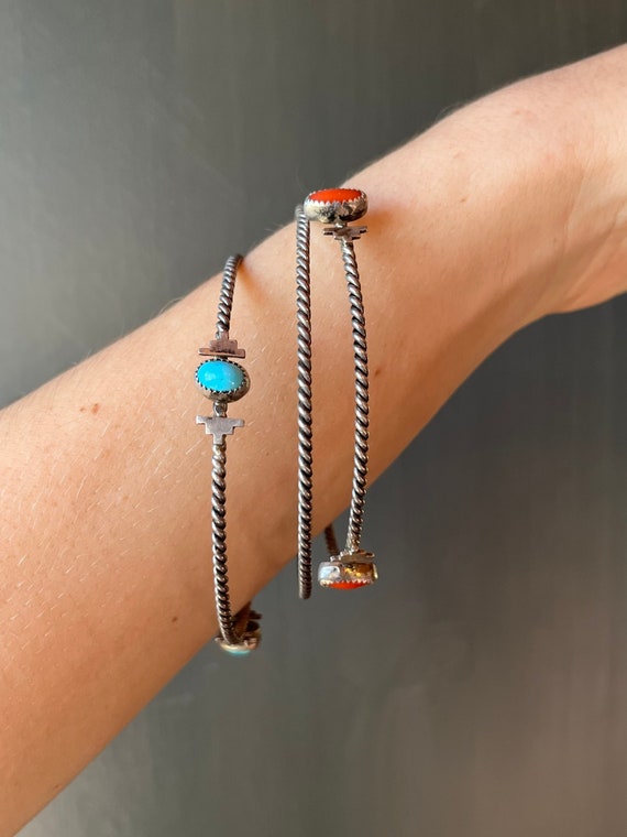 Sterling Silver Twisted Wire Turquoise & Coral Bangle Bracelets