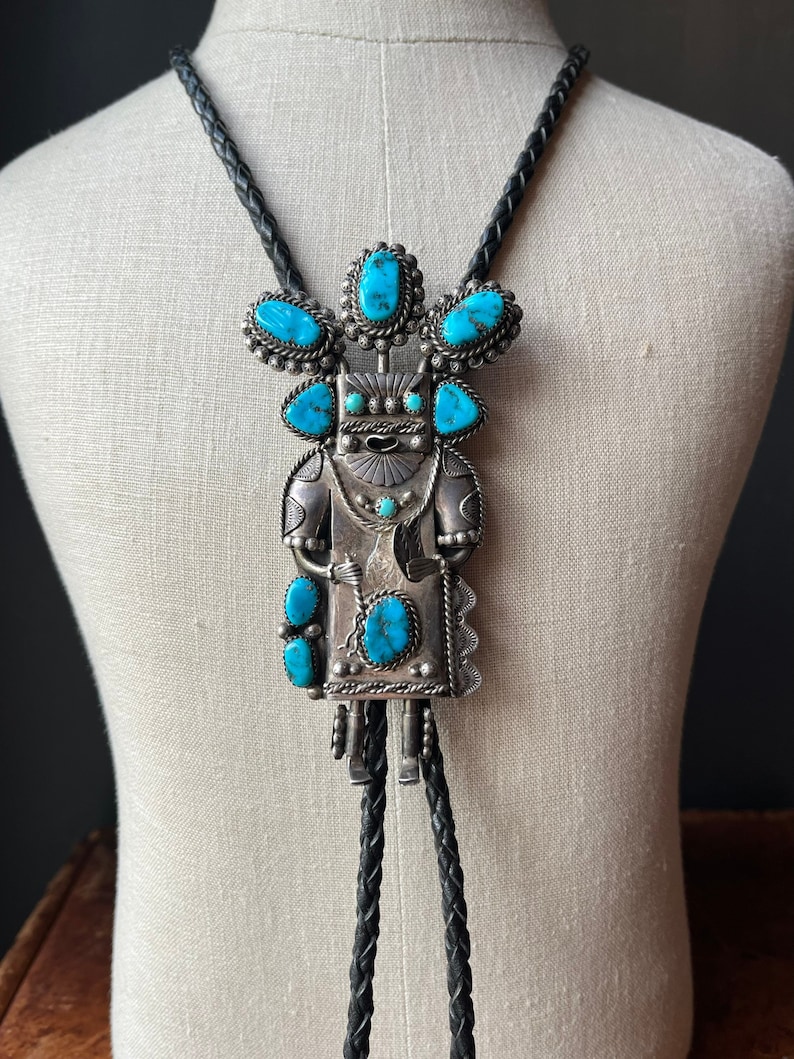 Vintage Native American Navajo Sterling Silver & Turquoise Kachina Bolo ...