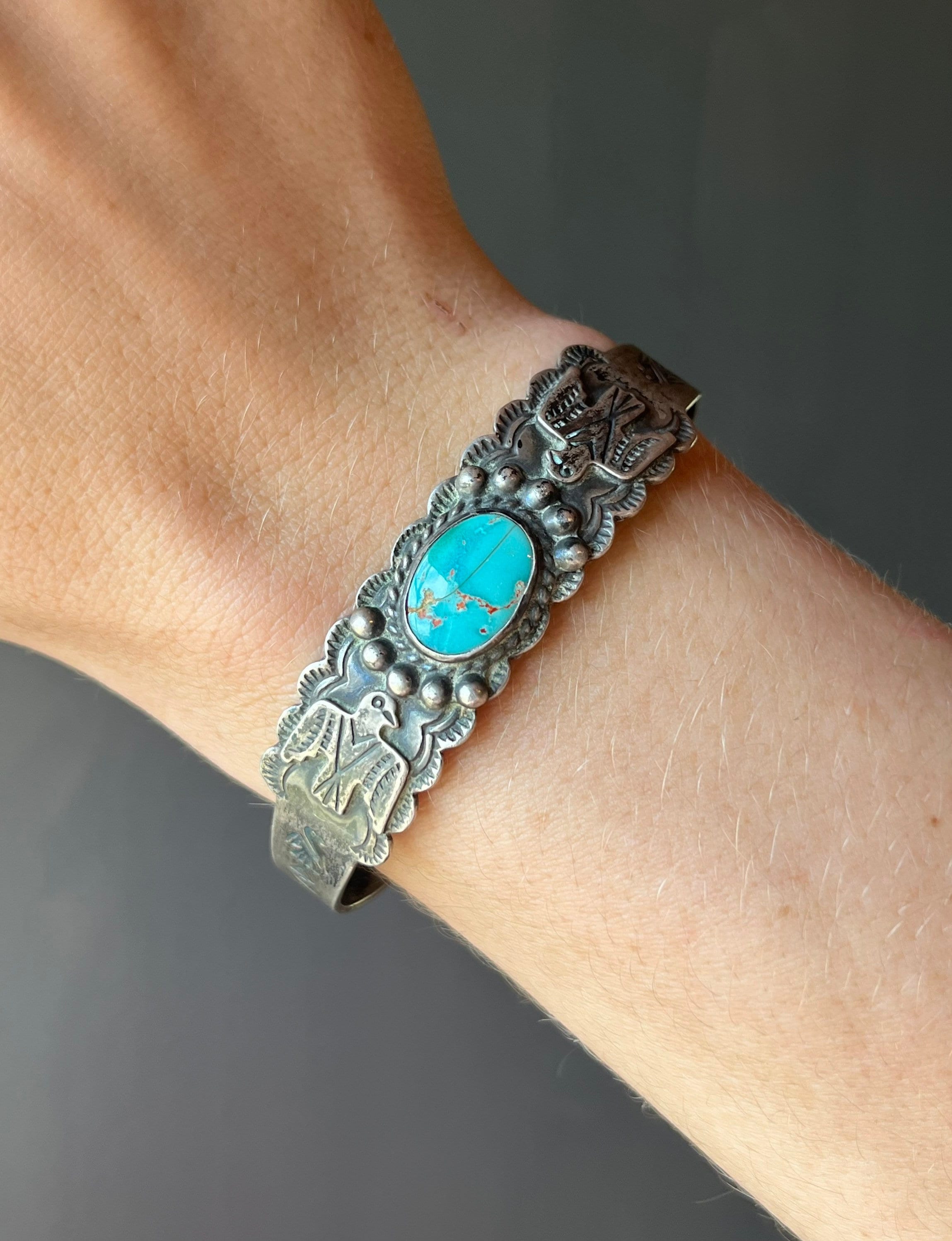 Vintage Fred Harvey Era Silver Turquoise Bracelet, IH Coin