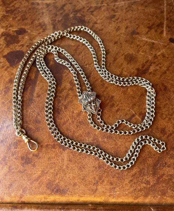 Antique Victorian 12K Gold & Pearl Slide Chain Neckla… Gem