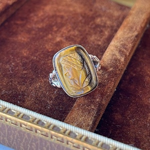 Sz 6 Antique Art Deco 10K Gold & Hand-Carved Tiger's Eye Cameo Ring image 9