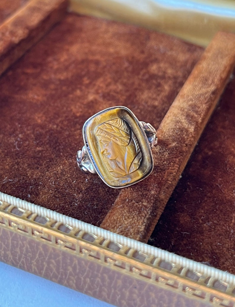 Sz 6 Antique Art Deco 10K Gold & Hand-Carved Tiger's Eye Cameo Ring image 9