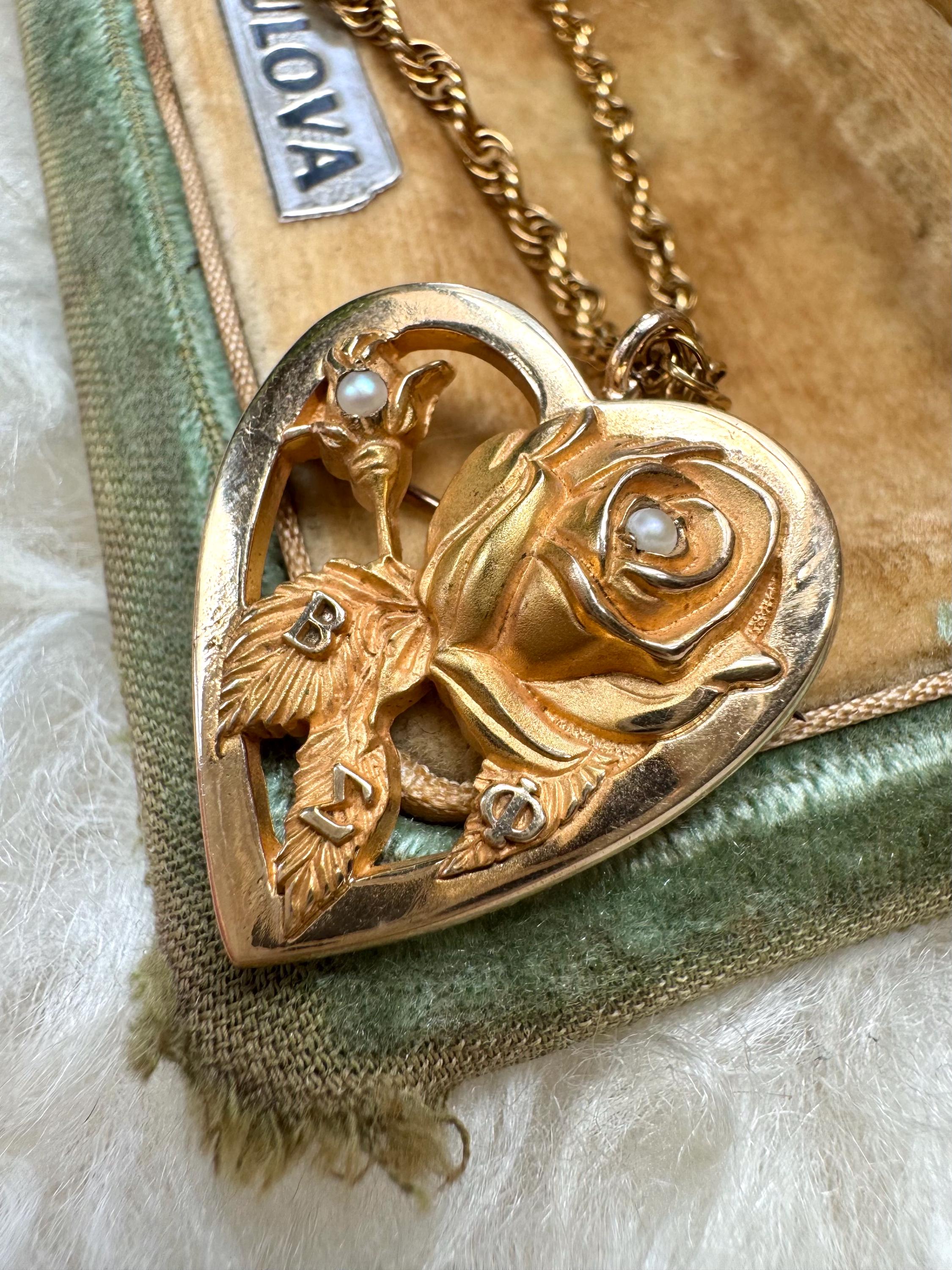 Vintage 10K Gold Beta Sigma Phi Order of the Rose Heart Brooch