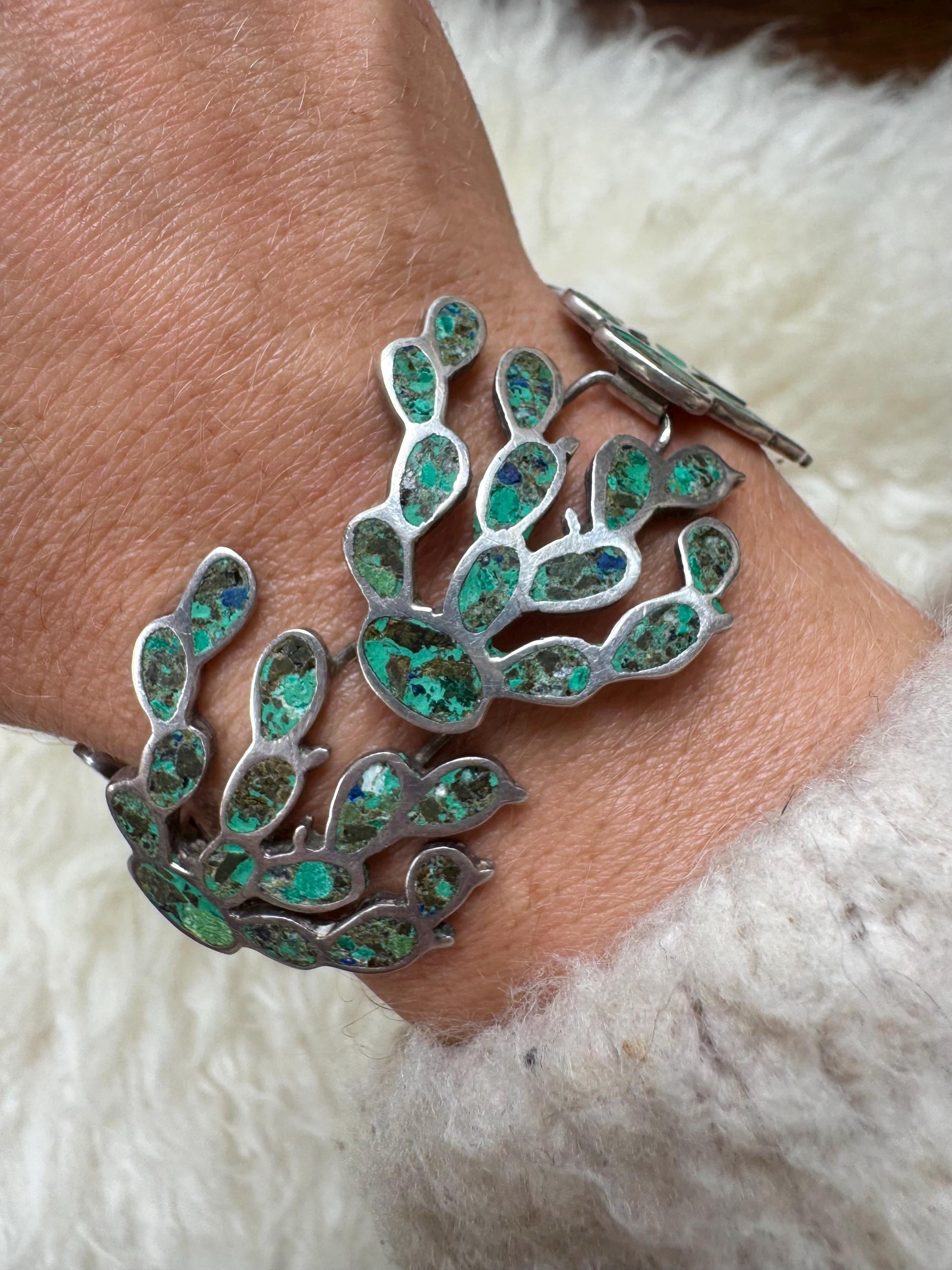 Vintage Mexico TAXCO Sterling Silver Inlay Prickly Pear Cactus
