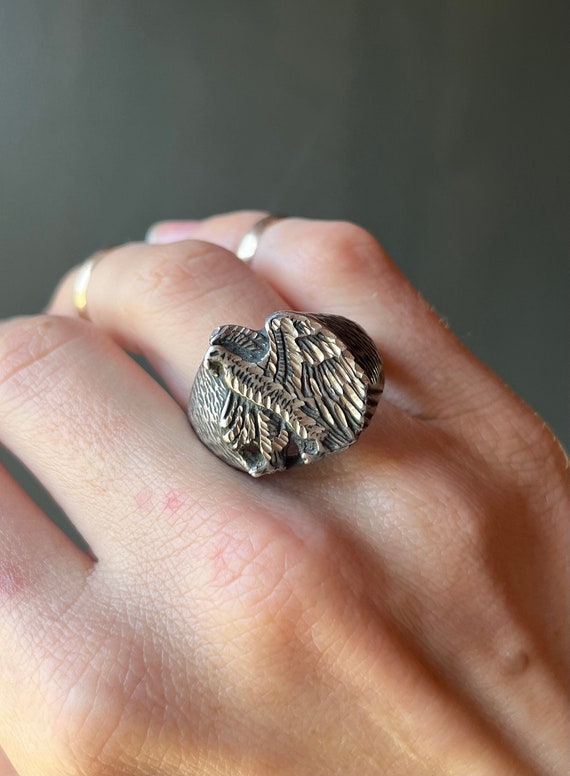 Sz 13 ~ Vintage Mid-century Sterling Silver .925 Etched Eagle Ring