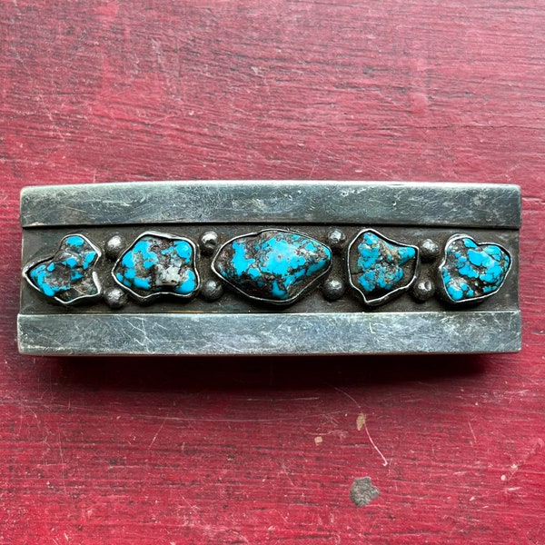 Vintage Native American Navajo Mark Chee Sterling Silver & Bisbee Turquoise Belt Buckle