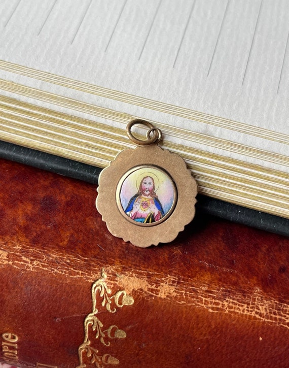 Antique Hand Painted Jesus & Virgin Mary 12K Rose… - image 3