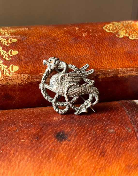 Antique Victorian Sterling Silver Dragon Pin Broo… - image 2