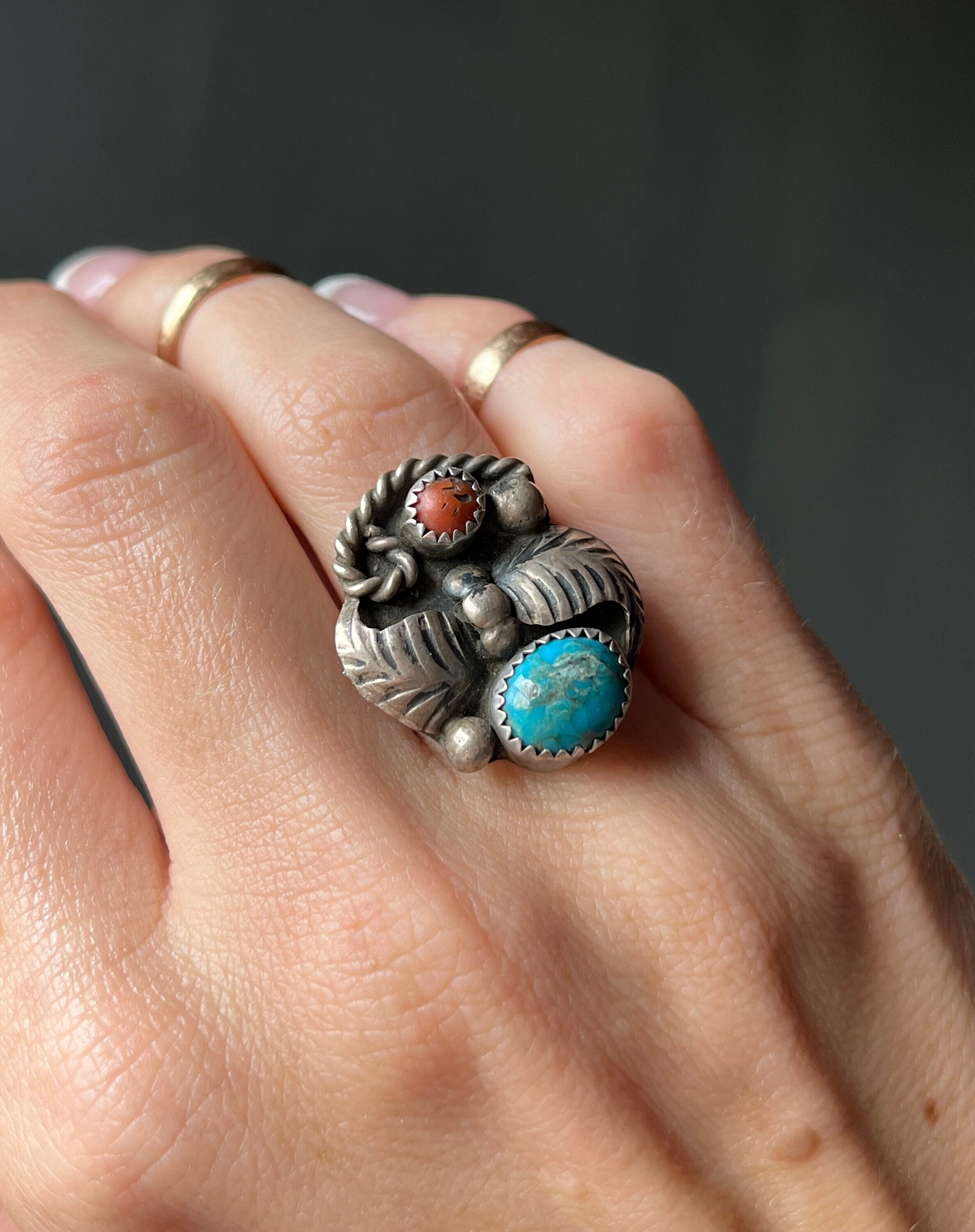 Navajo ターコイズ & コーラル Sterling 刻印 リング ナバホ