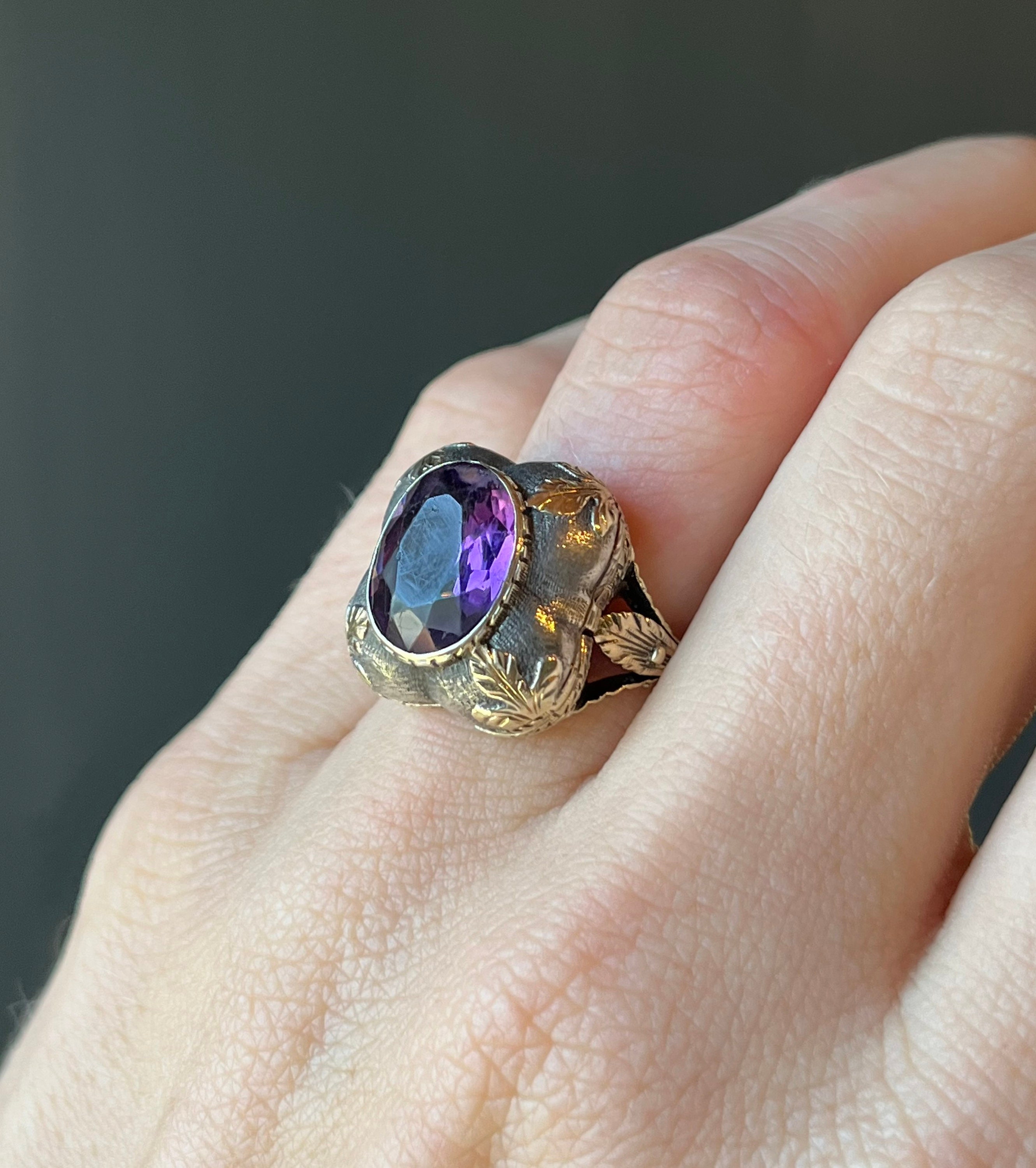 Sz 6 ~antique Victorian Gold & Silver Purple Amethyst Poison Ring
