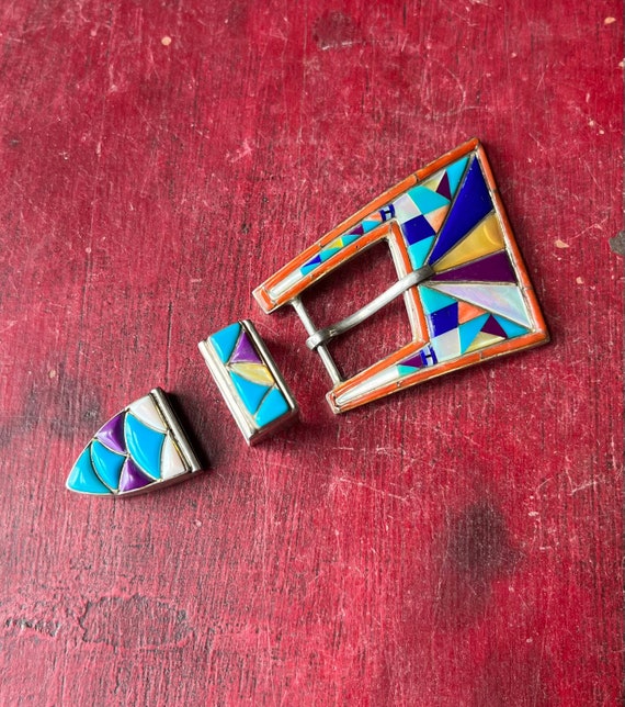 Vintage Ornate Silver Belt Buckle with Blue Lapis, Turquoise and Coral Oval Belt Buckle|Inlaid Stone|Turquoise|Coral|Lapis|German  main image 4