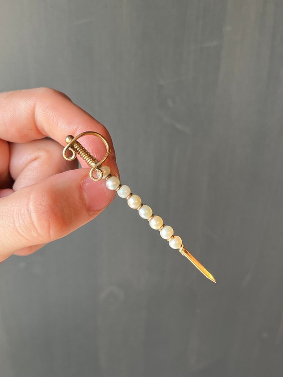 Antique Gold Fill & Pearl Sword Lapel Pin Brooch